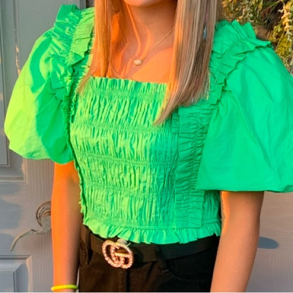 Endless Rose Green Smocked Puff Sleeve Blouse
